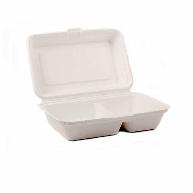 Bagasse 2 compartment Compostable Lunch Box 9x6 Inch White
